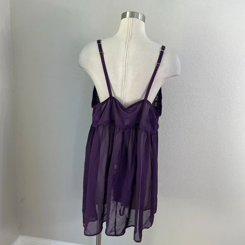 NEW Cacique Womens Plus 22/24 Purple Metallic Sheer Lace Babydoll Lingerie Set - Picture 10 of 14
